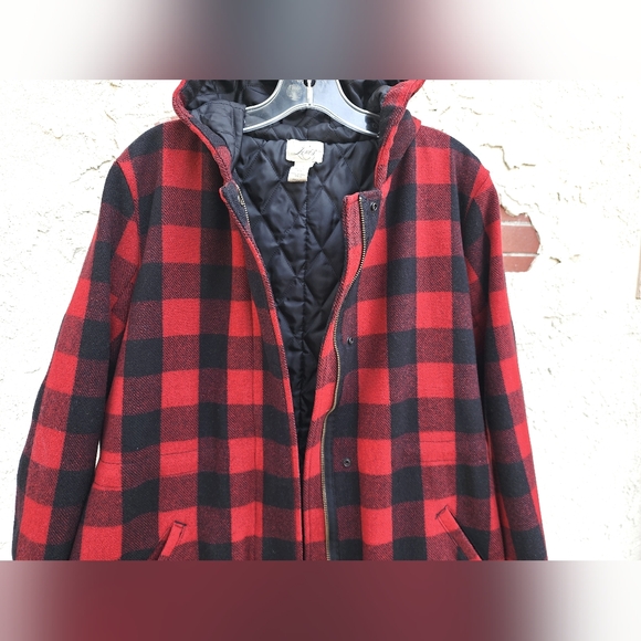 Large LEVI'S red black Buffalo plaid checkers hooded coat jacket quilted lining - Picture 4 of 16